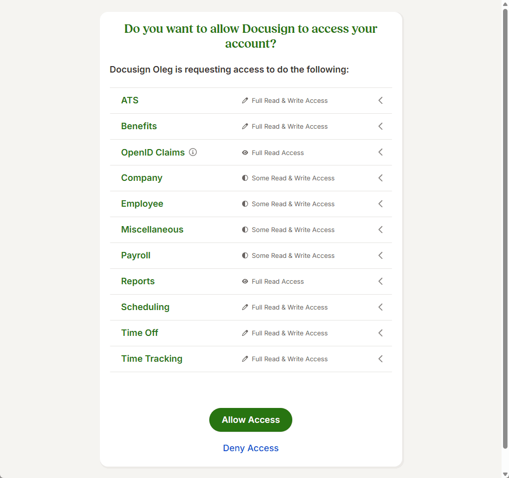 Pop-up window shows DocuSign Greg requesting access to various account data categories.