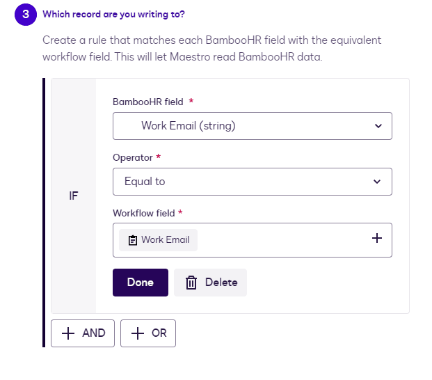 User interface for mapping BambooHR 'Work Email' to 'Workflow Field' for data integration.