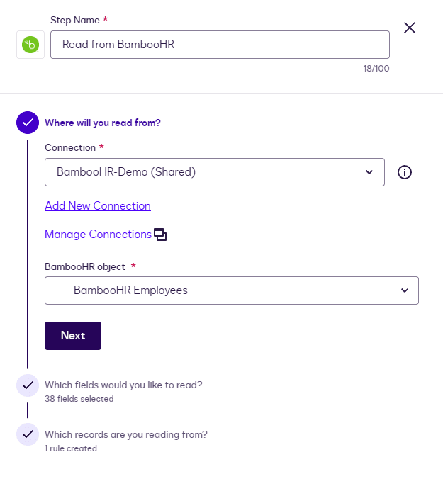 Software form configuring a data connection to BambooHR, selecting the employee object.