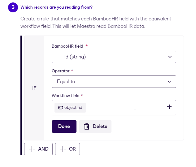 UI for configuring a data mapping rule, linking BambooHR 'Id' to 'object_id' for a workflow.