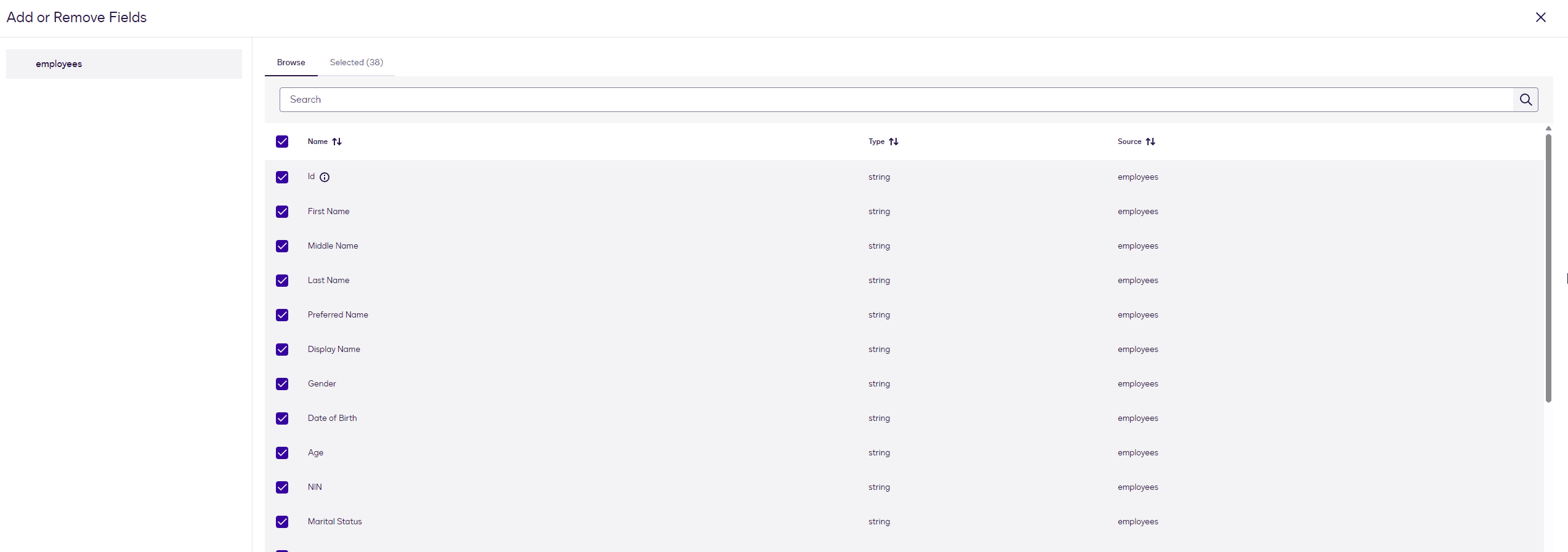 User interface showing a list of profiles with search, name, and access type columns.
