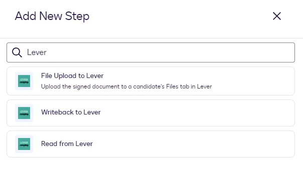 The Add New Step dialog with "Lever" searched, showing File Upload to Lever, Writeback to Lever, and Read from Lever.