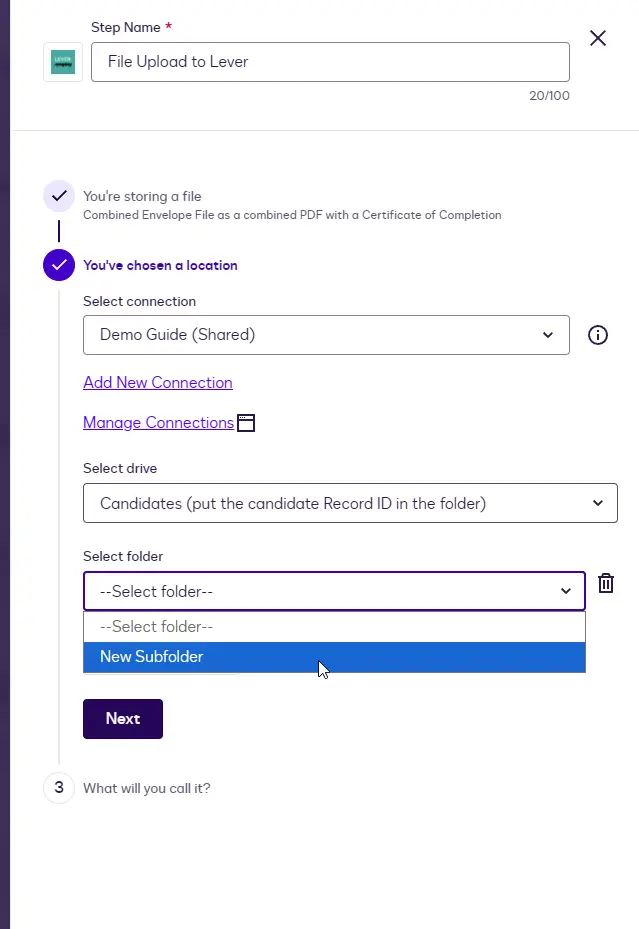 The Select folder dropdown open with the New Subfolder option highlighted.
