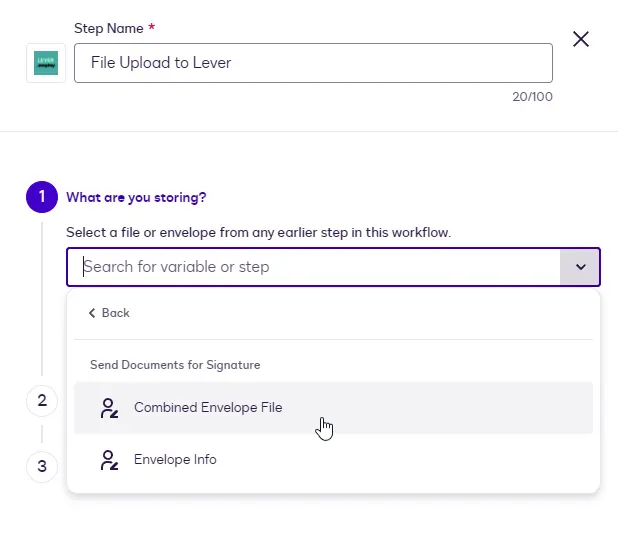 The file picker showing Combined Envelope File and Envelope Info under Send Documents for Signature.