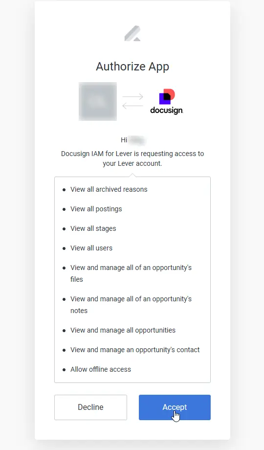 The Lever Authorize App screen listing the access Docusign IAM for Lever requests, with Decline and Accept buttons.