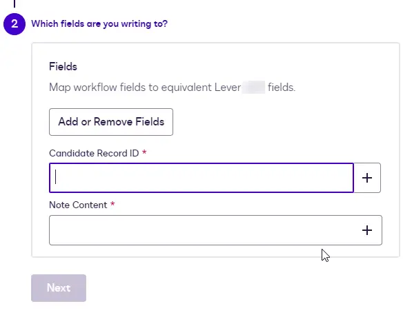 The Note fields: Candidate Record ID and Note Content, both required.