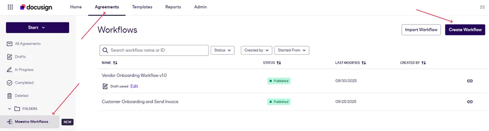 The Docusign Workflows screen showing existing workflows and the Create Workflow button.