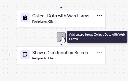 The workflow canvas with the Add a step button below a Collect Data with Web Forms step.