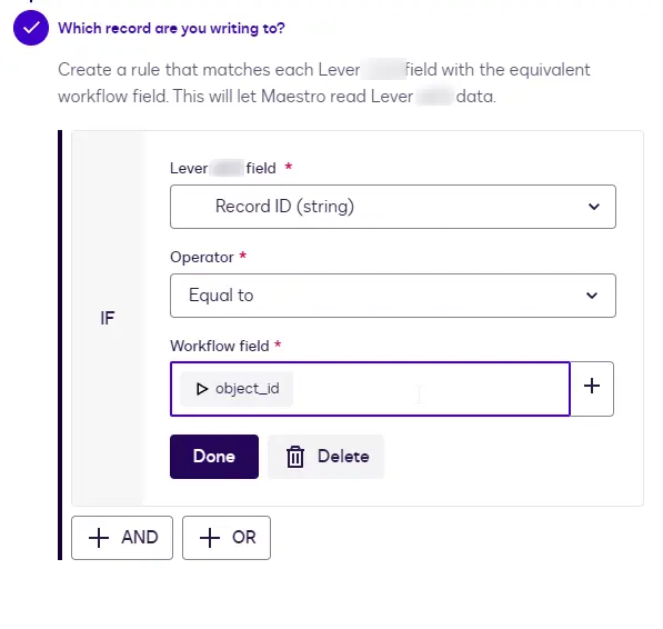 The record-matching rule for Writeback: Record ID equals the Record ID variable.