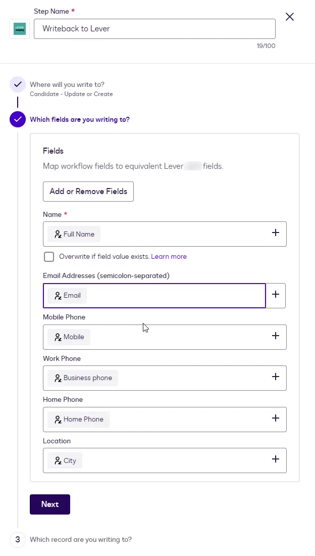 The Writeback step with Name, Email Addresses, Mobile Phone, Work Phone, Home Phone, and Location each mapped to a variable.