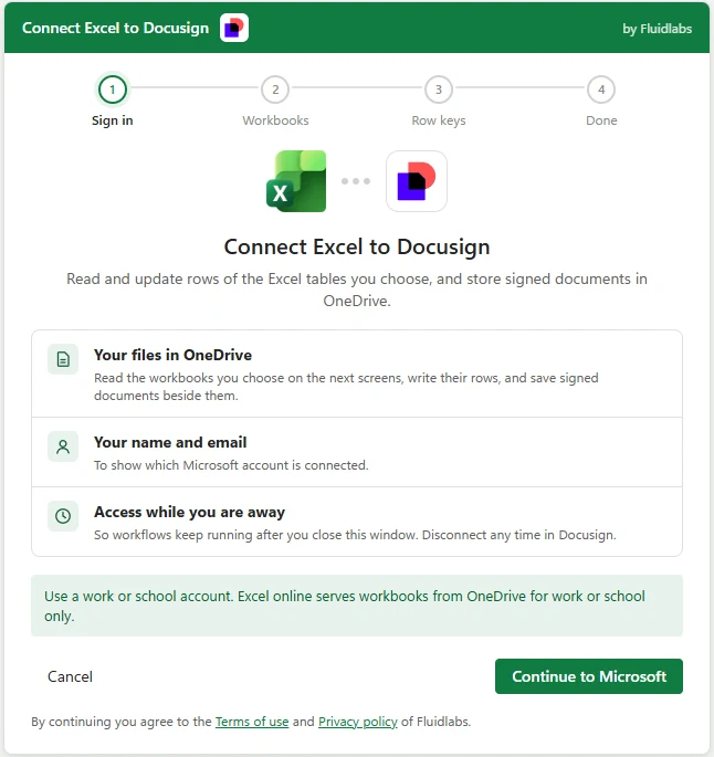 The first page: what Microsoft will ask for, with Continue to Microsoft and Cancel.