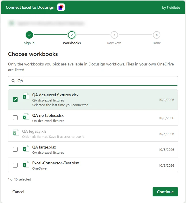 The Choose workbooks step listing the workbooks of the OneDrive with their folders.