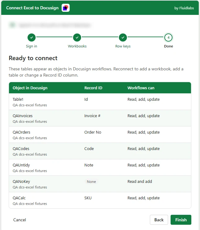 The Ready to connect step listing each table with its Record ID column.
