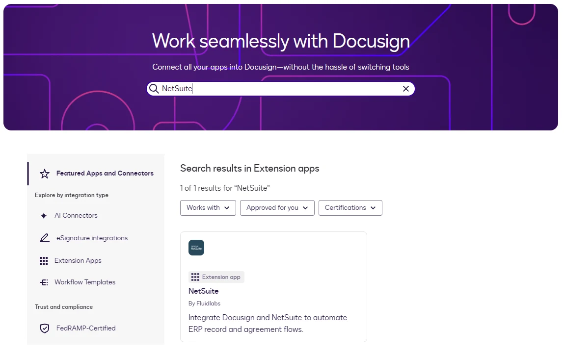 Docusign App Center search results showing the NetSuite extension app by Fluidlabs.