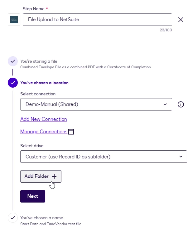The File Upload location with a drive selected and the Add Folder button.