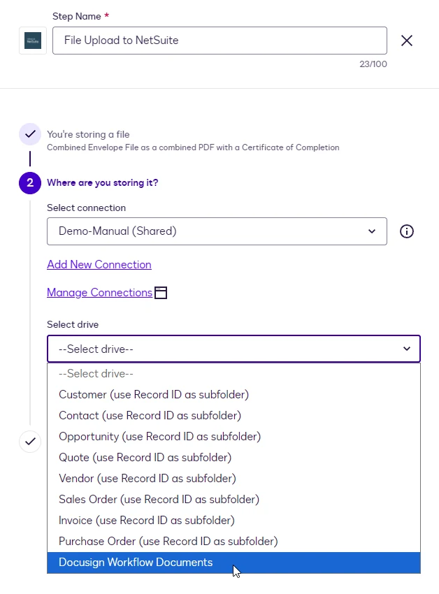 The Select drive dropdown with the Docusign Workflow Documents drive highlighted below the record drives.