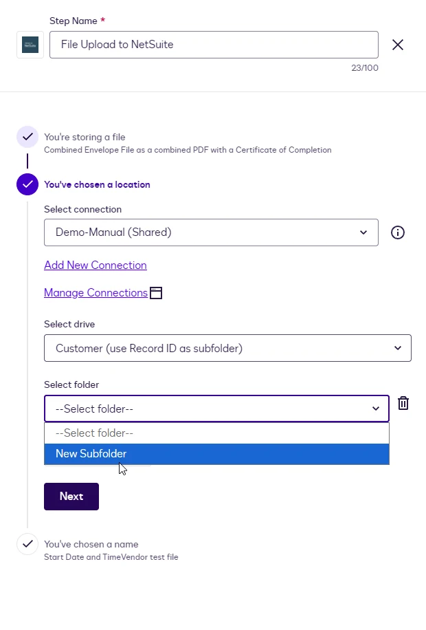 The Select folder dropdown open with the New Subfolder option highlighted.