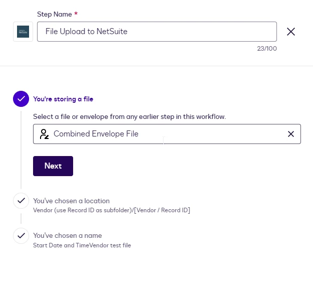The File Upload step with Combined Envelope File selected.