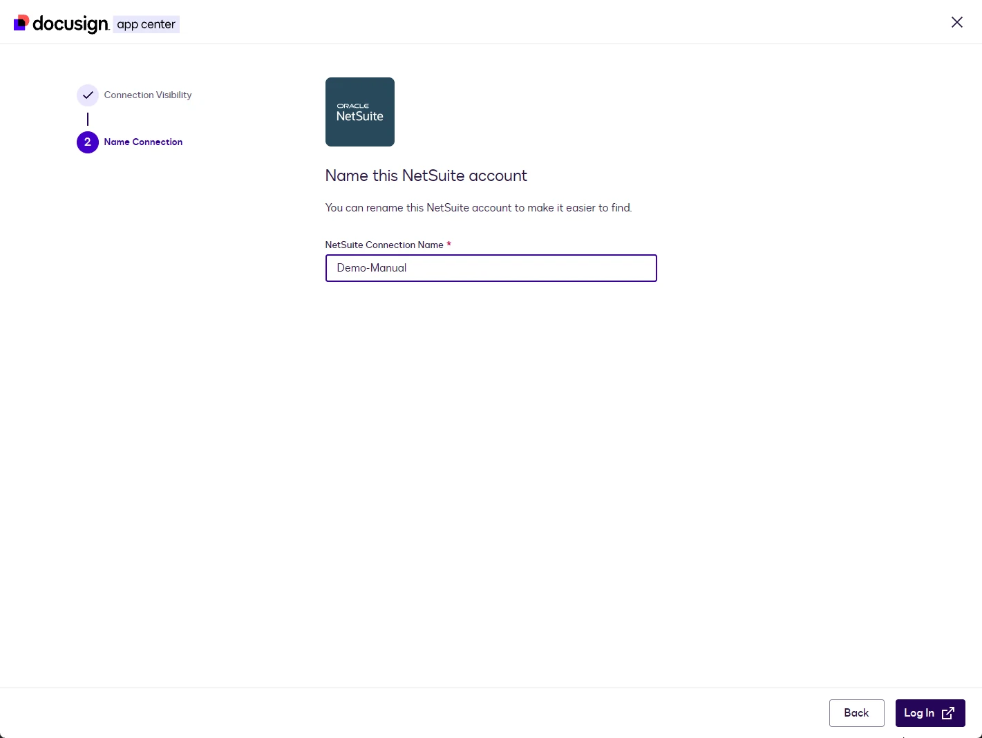 The Name Connection step with the connection name Demo-Manual entered and the Log In button.