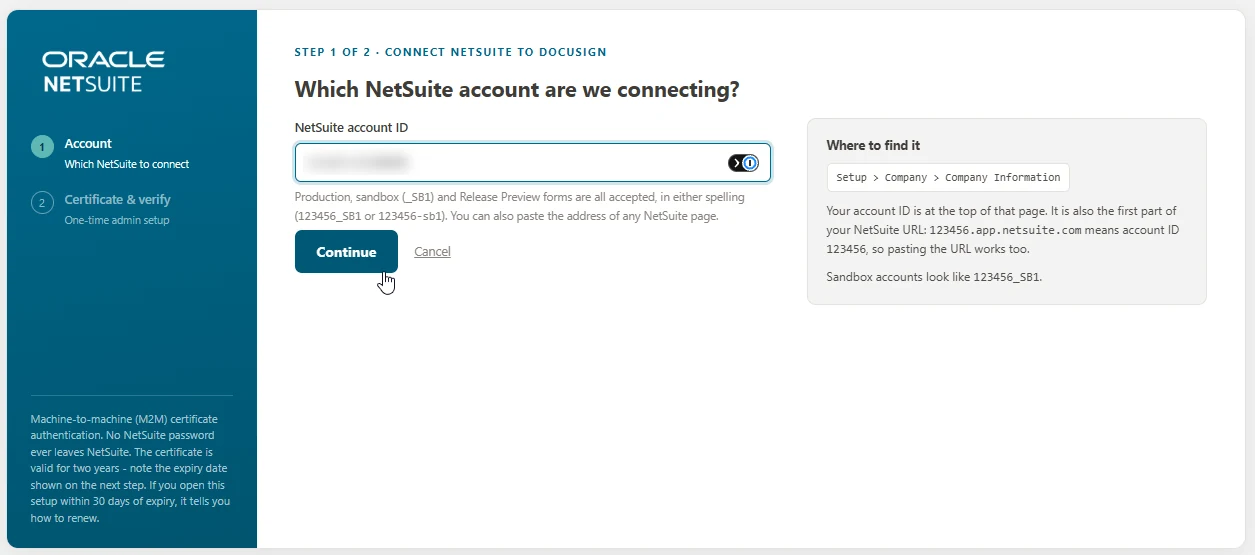The Which NetSuite account are we connecting step with the account ID entered and the Continue button.