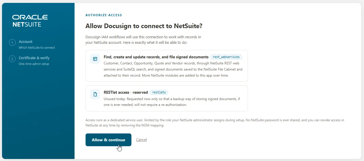 The Allow Docusign to connect to NetSuite screen listing the requested access, with the Allow and continue button.