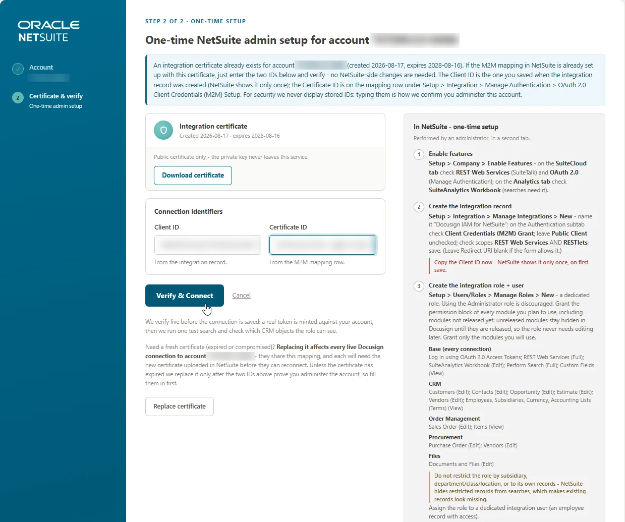 The One-time NetSuite admin setup step with the Download certificate button, the Client ID and Certificate ID fields, and the Verify and Connect button.