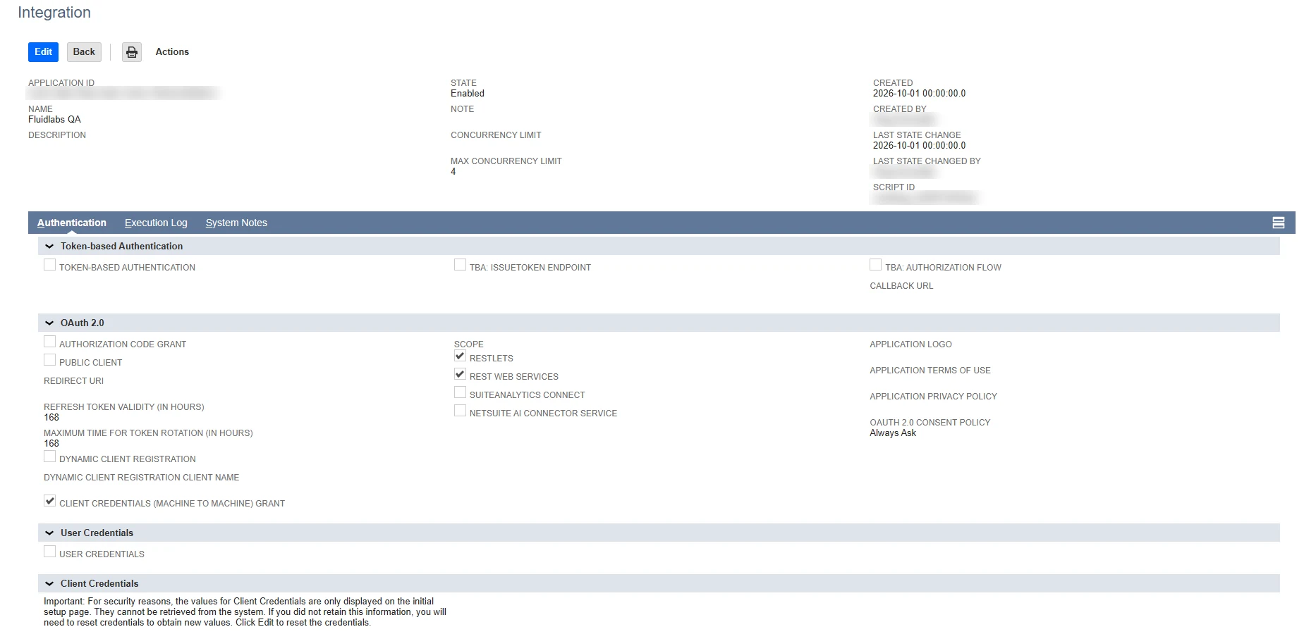 A saved NetSuite integration record with Client Credentials (Machine to Machine) Grant, RESTlets, and REST Web Services checked on the Authentication subtab.