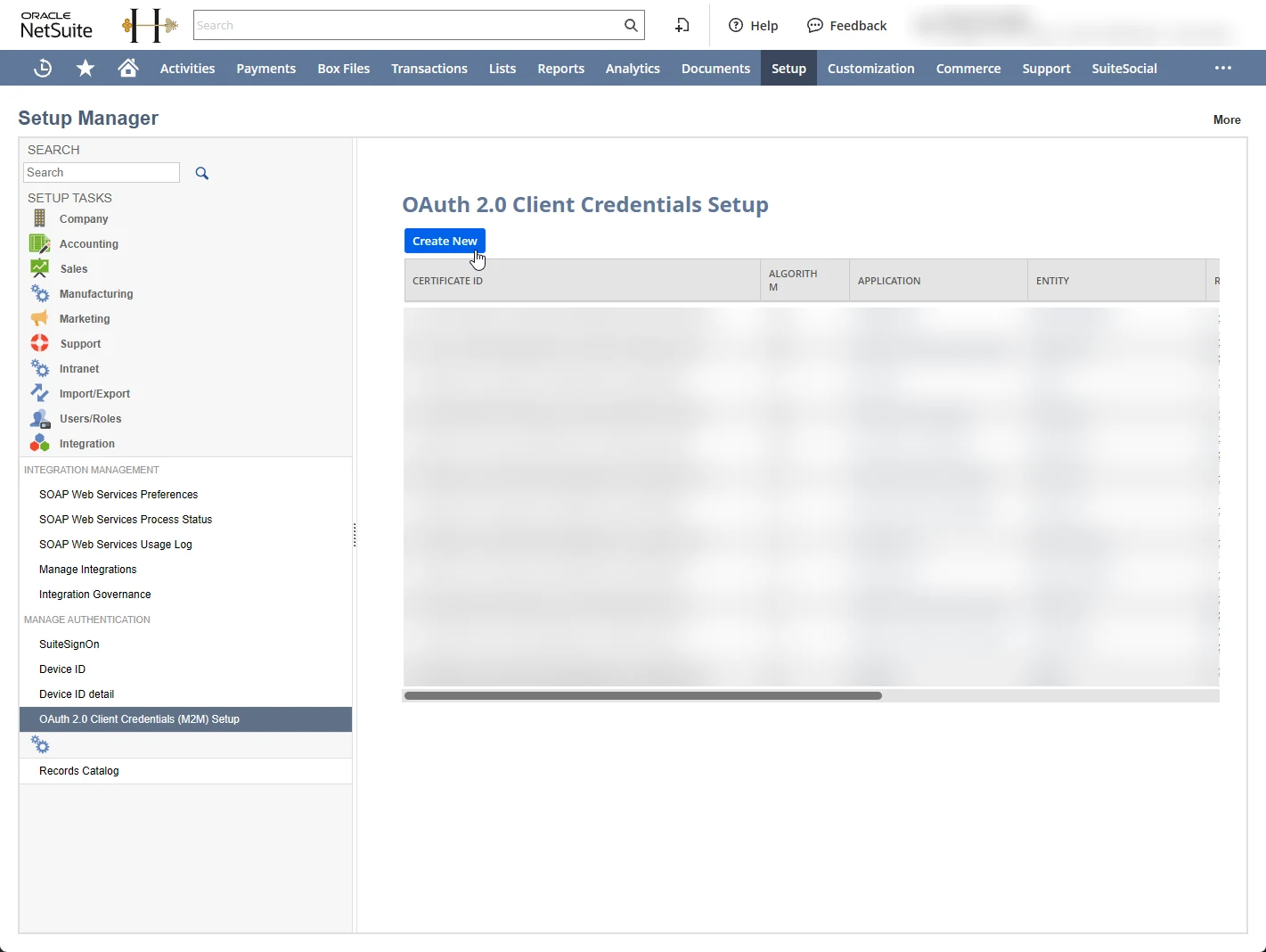 The NetSuite OAuth 2.0 Client Credentials Setup page with the Create New button.