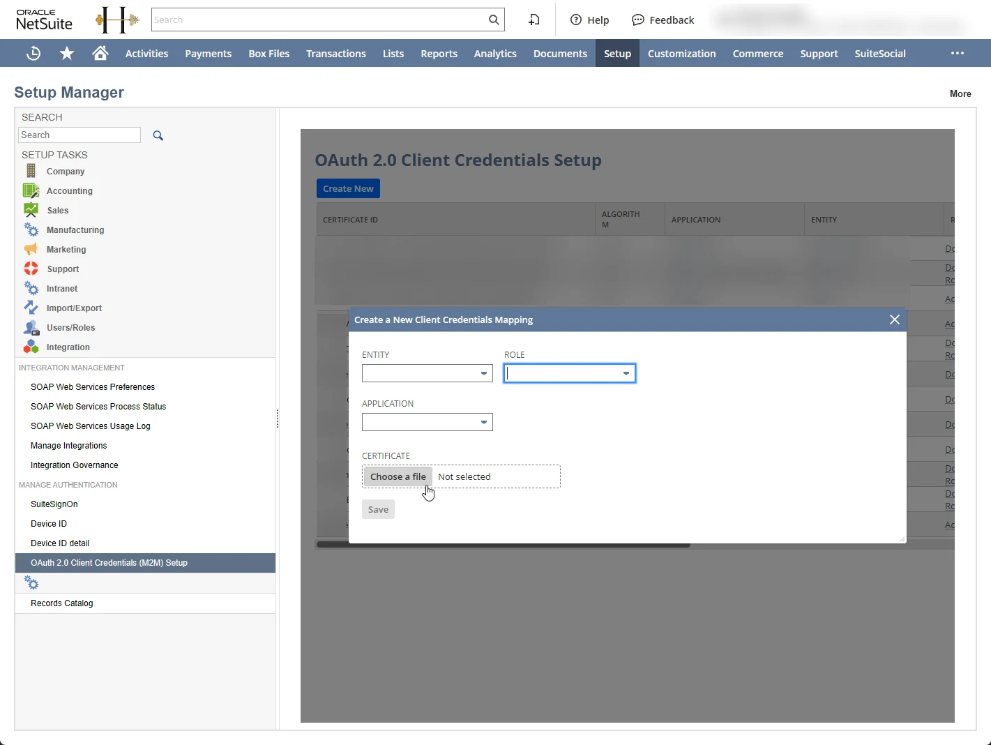 The Create a New Client Credentials Mapping dialog with the Entity, Role, Application, and Certificate fields.