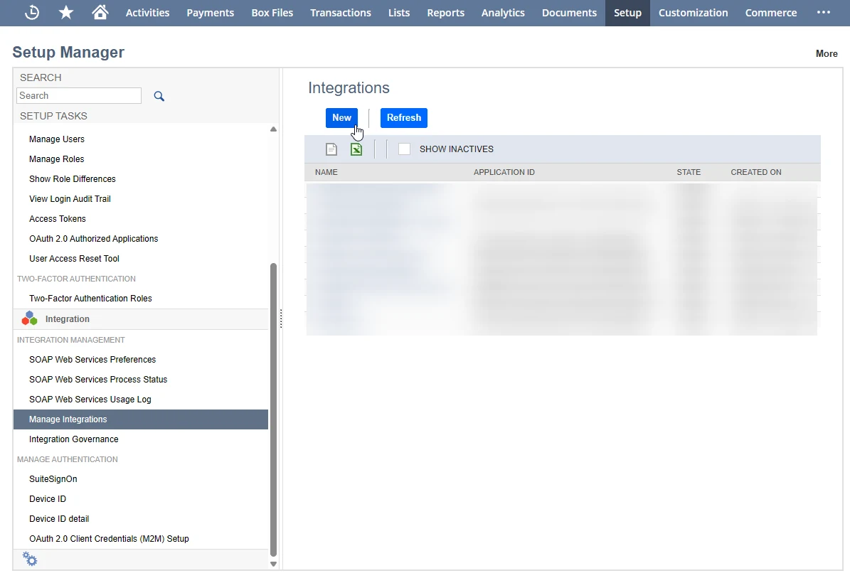 The NetSuite Integrations page in Setup Manager with the New button.