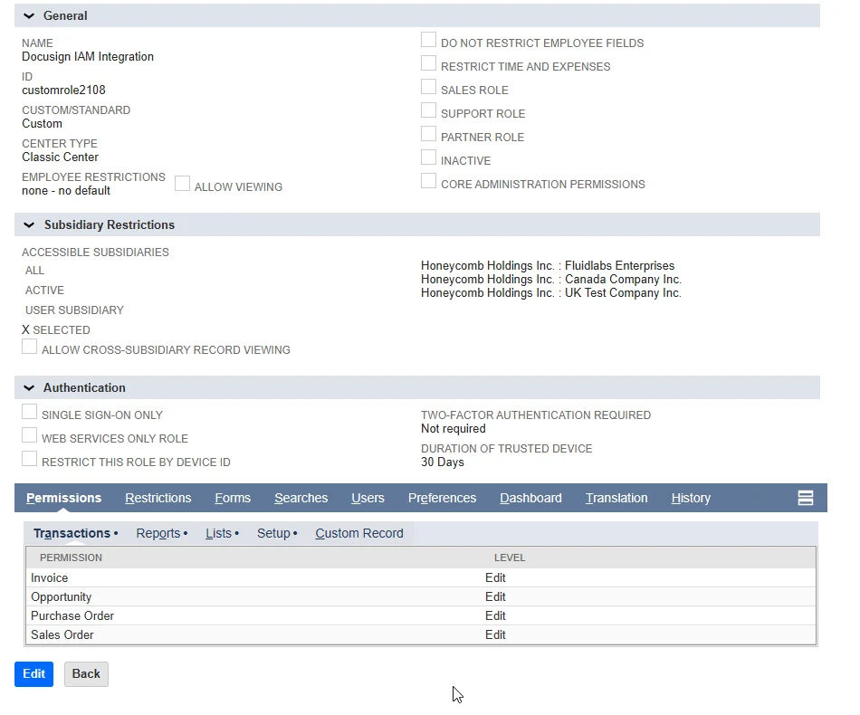 A NetSuite role named Docusign IAM Integration with its Subsidiary Restrictions and the Permissions subtab listing Transactions permissions.