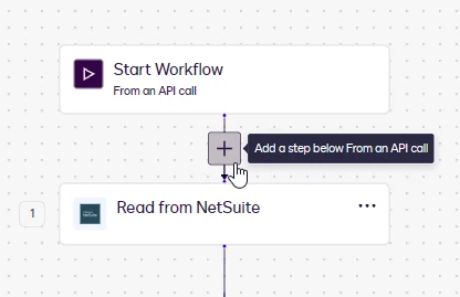 The workflow canvas with the add a step button below the From an API call start.