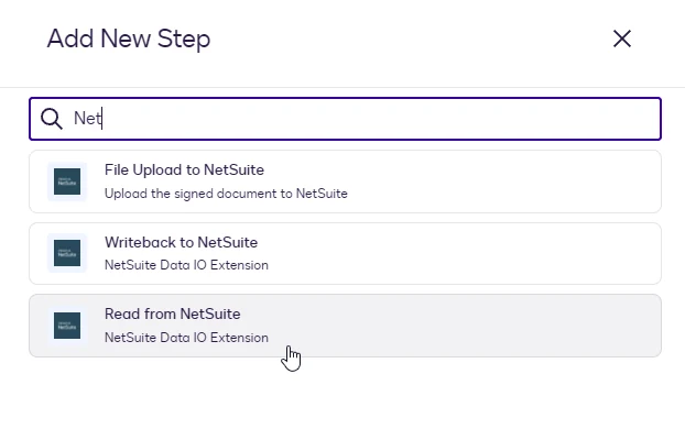 The Add New Step dialog with Read from NetSuite highlighted.