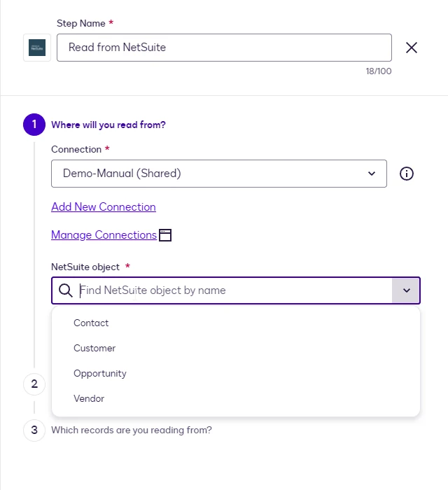 The Read step with the Demo-Manual connection selected and the NetSuite object dropdown listing Contact, Customer, Opportunity, and Vendor.