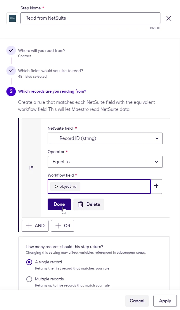 The record-matching rule: Record ID equal to object_id, with the Done button.