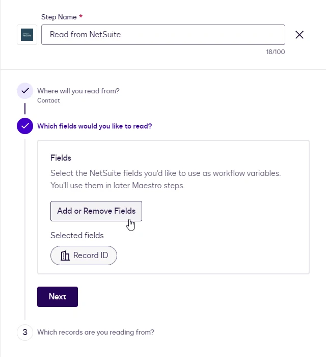 The Fields step with the Add or Remove Fields button and the Record ID field selected.