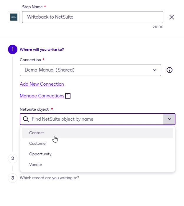 The Writeback step NetSuite object dropdown listing Contact, Customer, Opportunity, and Vendor.