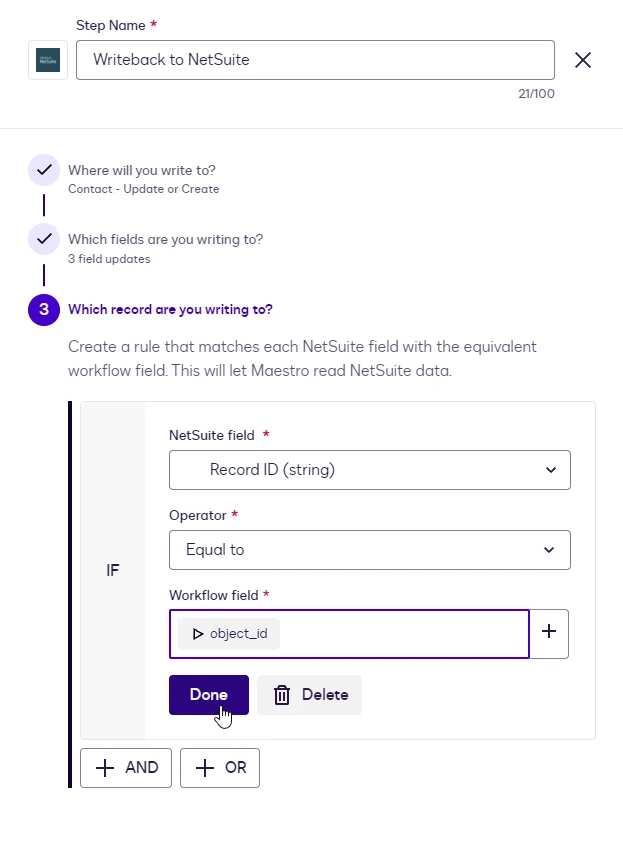 The record-matching rule for Writeback: Record ID equal to object_id, with the Done button.