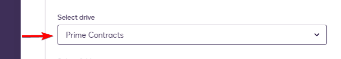 UI field 'Select drive' showing 'Prime Contracts', indicated by a red arrow.