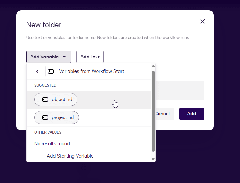 New folder dialog in a workflow, selecting 'object_id' from the variable dropdown menu.