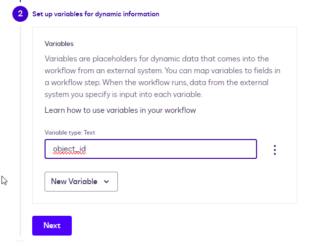 Workflow screen showing variables setup with an 'object_id' input field and 'New Variable' option.