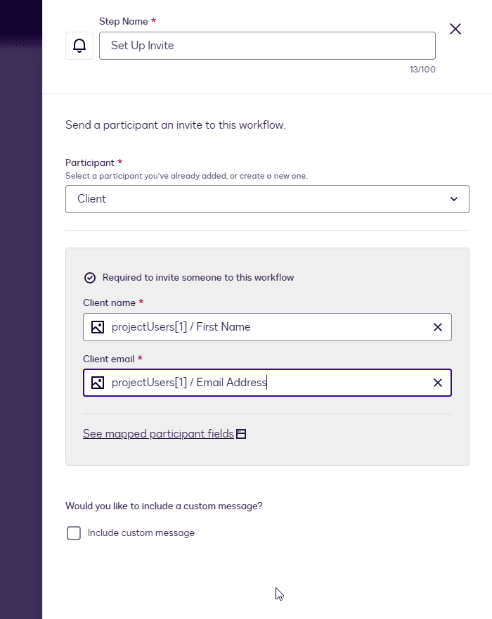 Workflow step UI for setting up recipients, displaying client names and message inclusion option.
