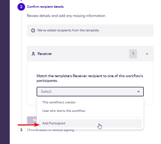 UI shows "Confirm recipient details" step, with an open dropdown menu highlighting "Add Participant".