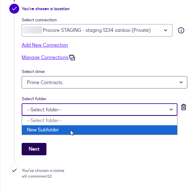 User interface showing folder selection dropdown with 'New Subfolder' highlighted.