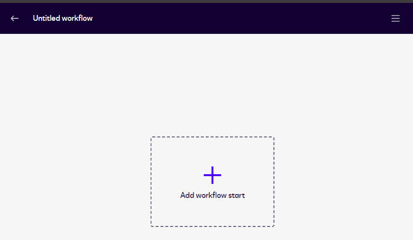 Interface showing an empty workflow with an 'Add workflow start' button.