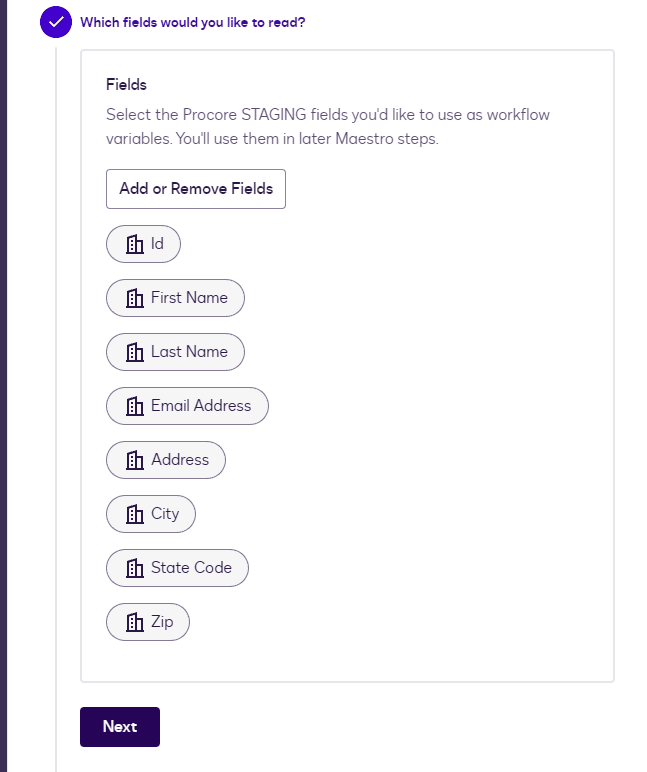 Form interface showing selection of Process STAGING fields like Name, Email, and Address.