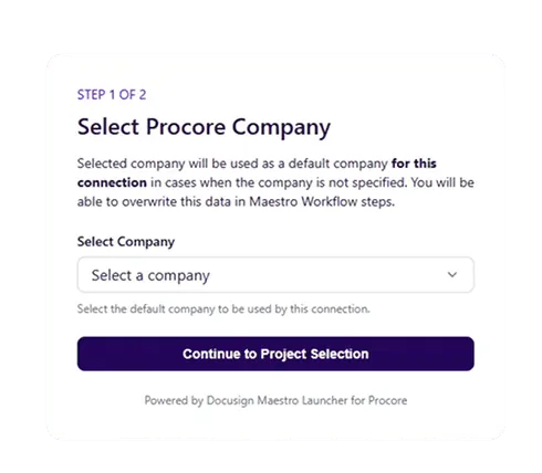 Workflow step 1: select a Procore company from the dropdown menu.