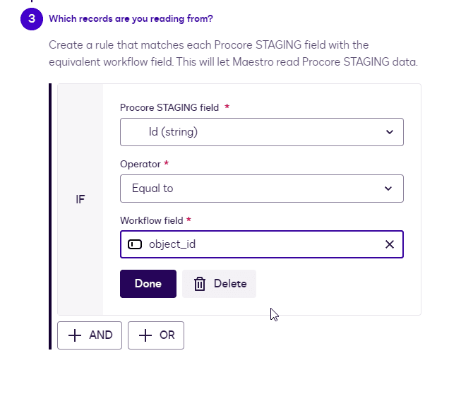 A form for creating a rule to match Procore STAGING fields with workflow fields.