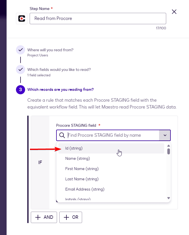 UI showing "Process STAGING field" dropdown with data fields like ID, Name.