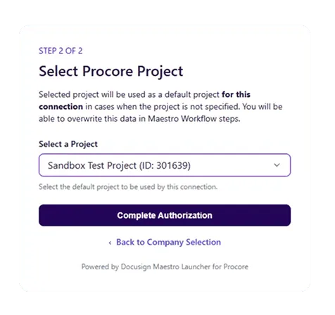 Procore project selection screen with 'Sandbox Test Project' chosen for authorization connection.